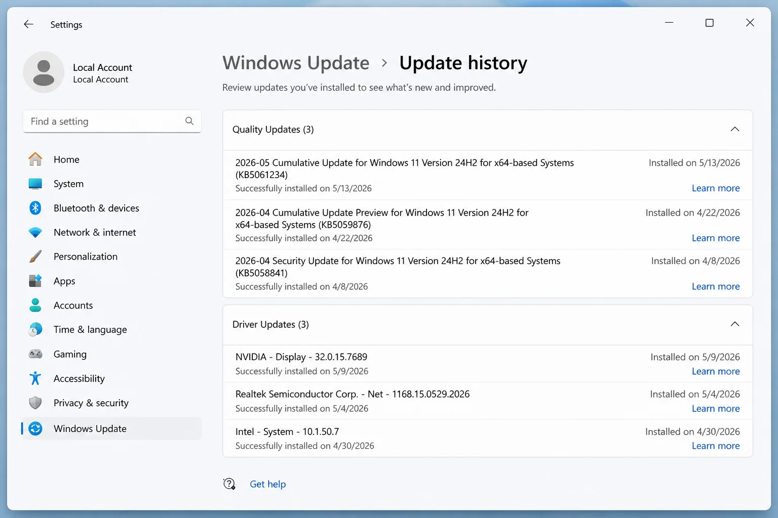 Windows Update history page with recent quality and driver update sections highlighted without implying that timing alone proves causation