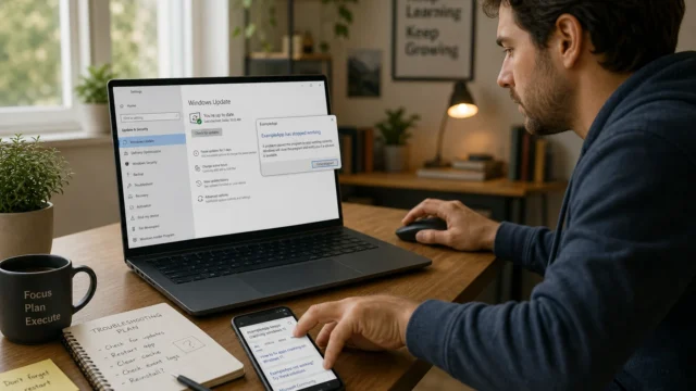 Man working at a desk, using a laptop to check Windows Update in a home office. A notebook and phone sit nearby.