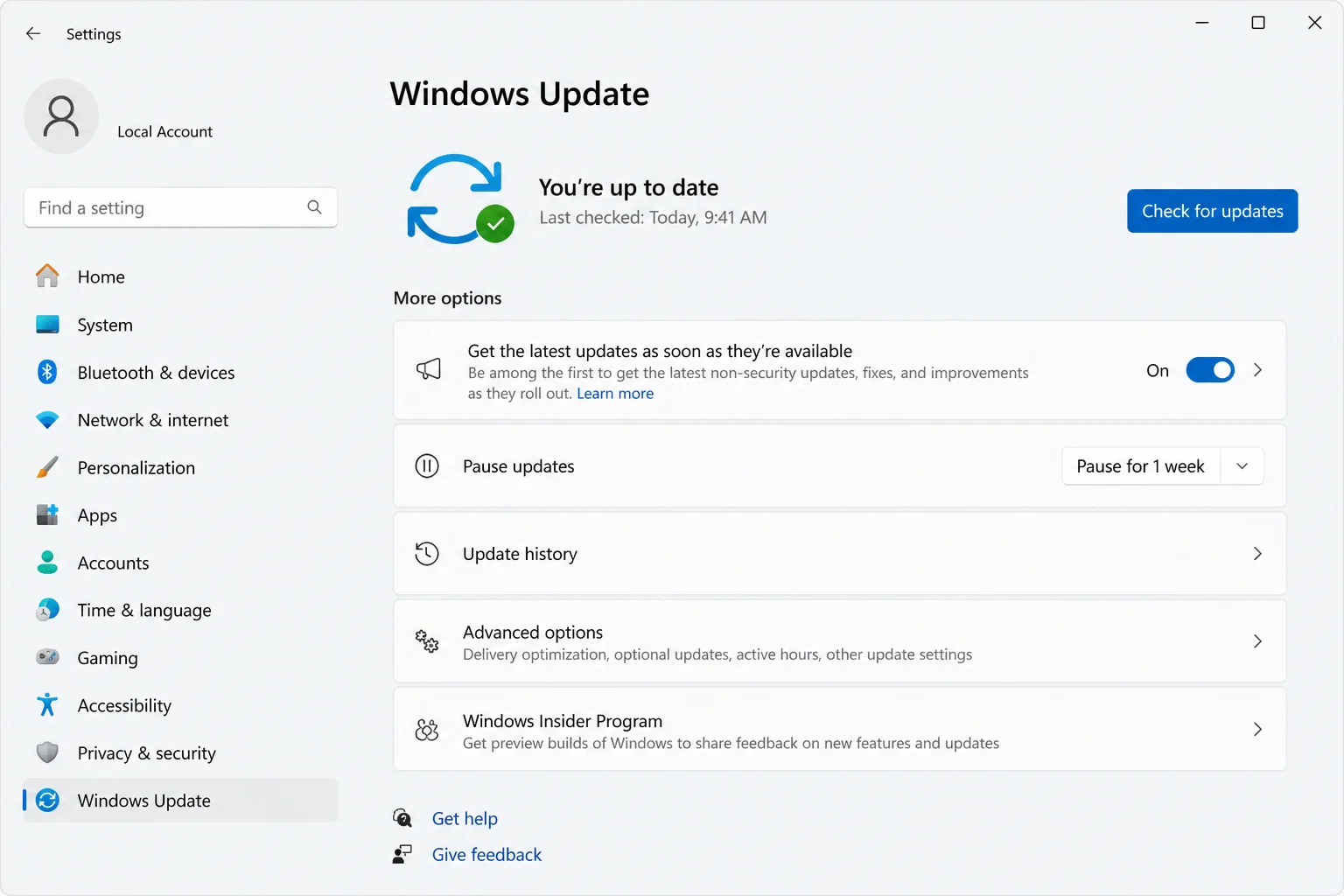 Windows 11 Settings > Windows Update with the Check for updates button and available updates visible