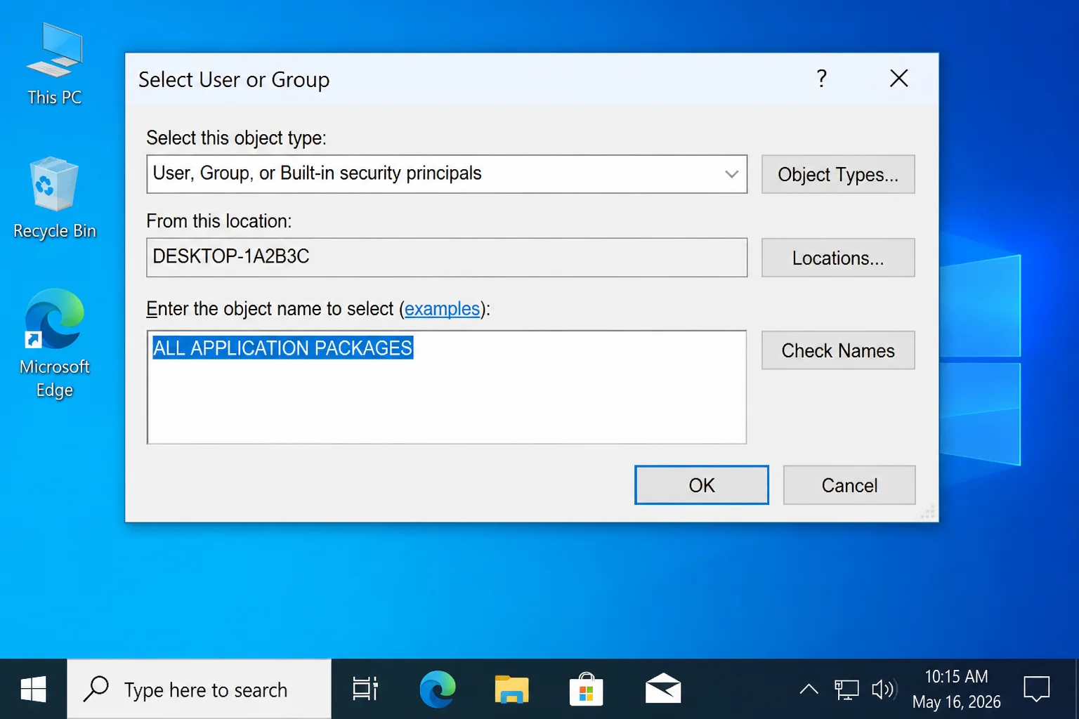 Select User or Group dialog with ALL APPLICATION PACKAGES entered and resolved after selecting Check Names