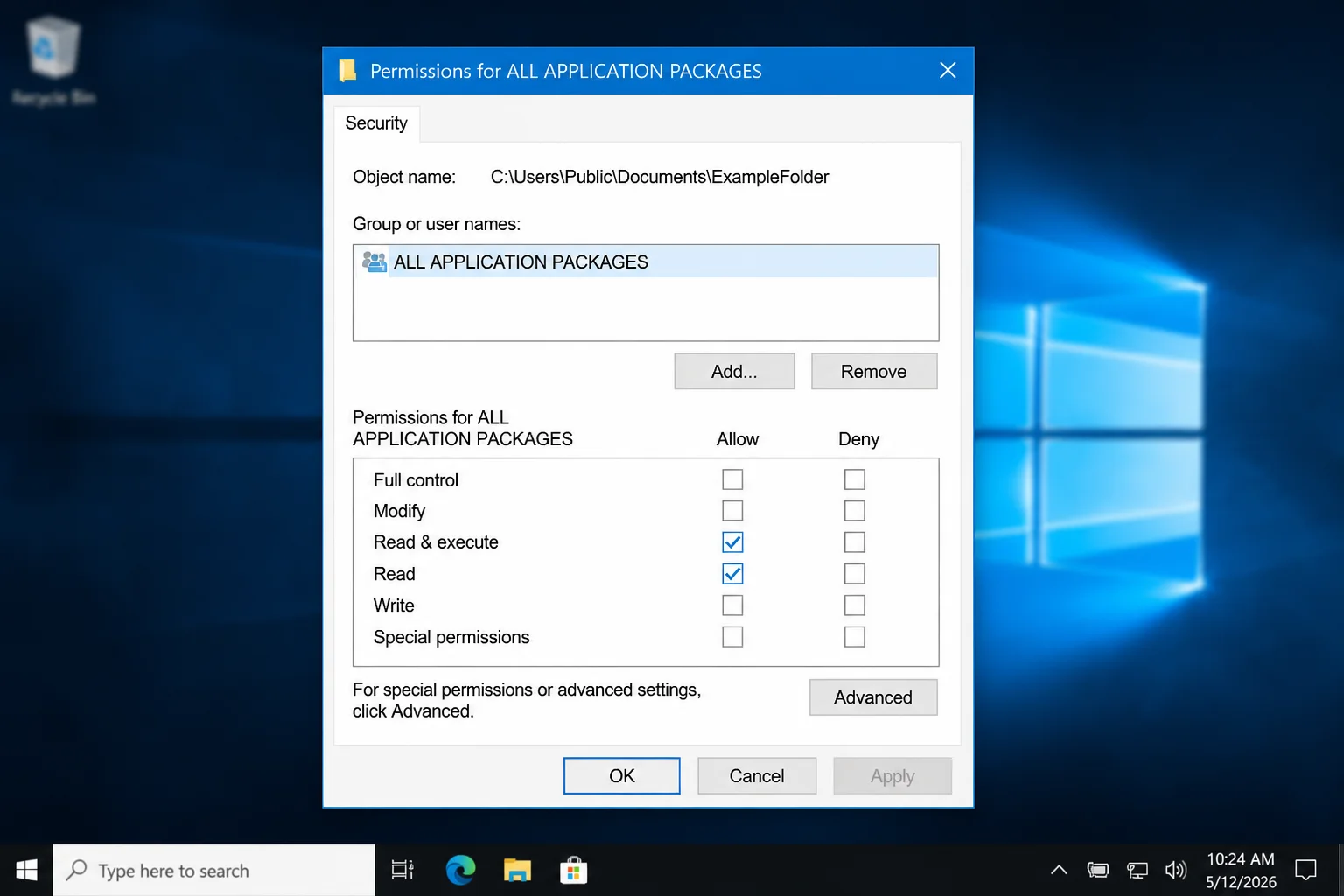 Permission Entry dialog for AppData\Local\Packages showing Allow access for All Application Packages and the folder, subfolders, and files scope