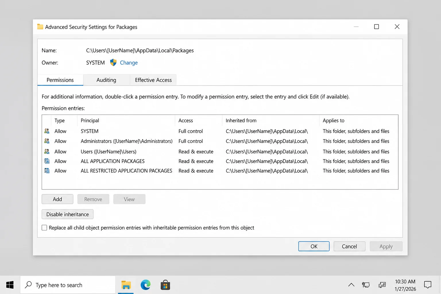 Advanced Security Settings for AppData\Local\Packages with the Replace all child object permission entries option visible and cleared