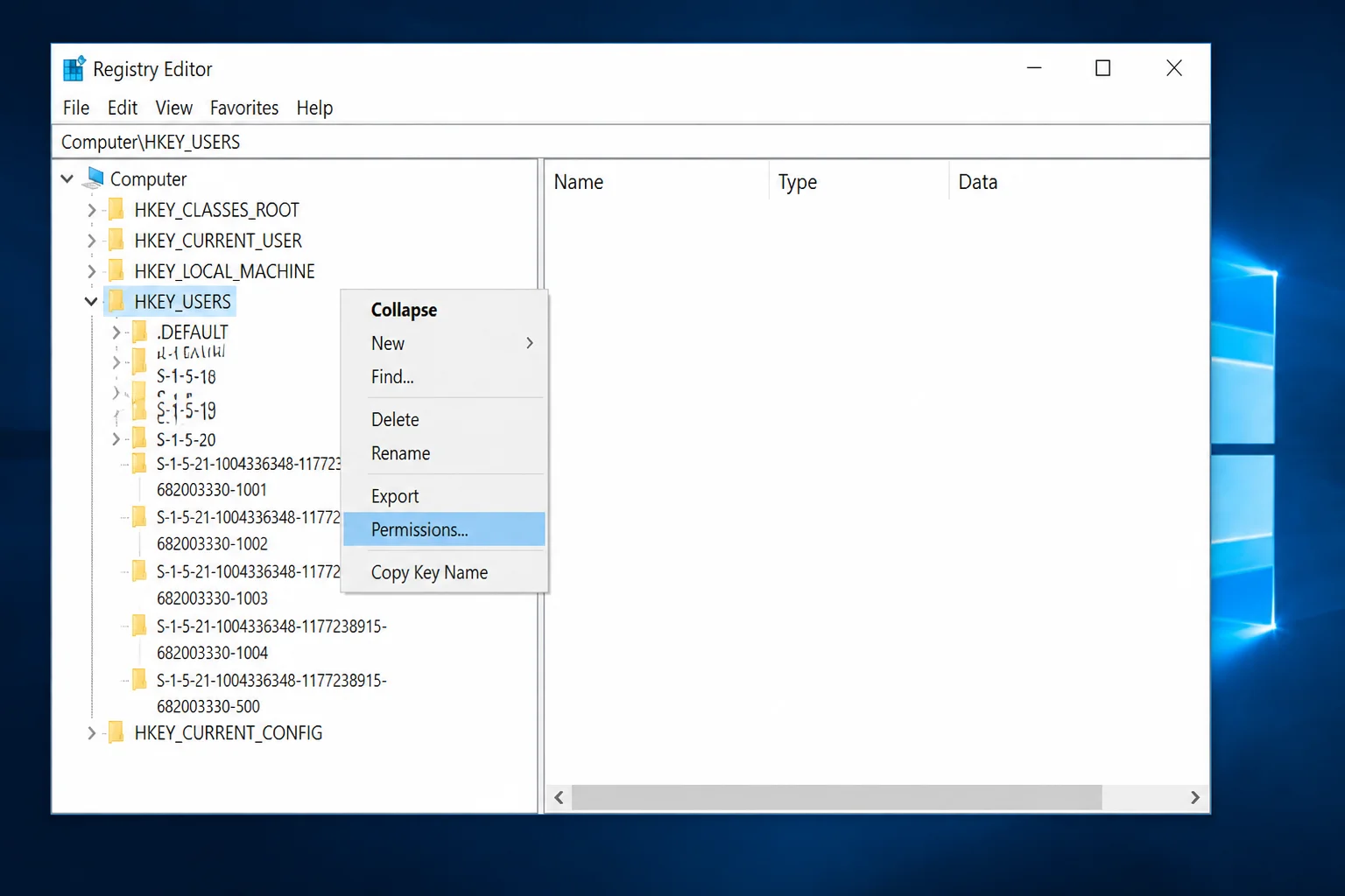 Registry Editor with HKEY_USERS selected and its Permissions command highlighted in the context menu