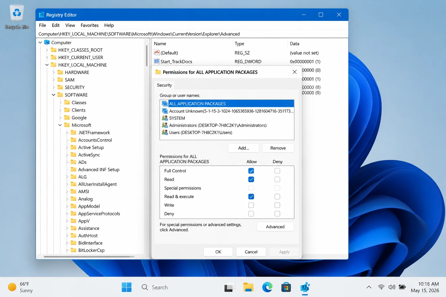 Permissions for HKEY_USERS dialog showing All Application Packages selected with Read permission allowed