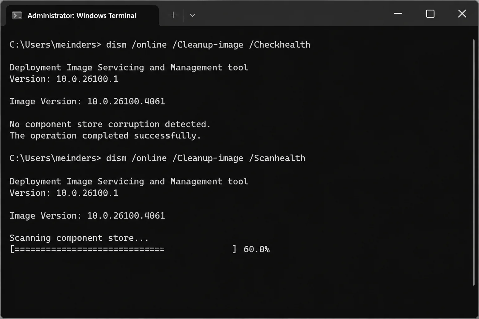 Administrator Windows Terminal showing the completed DISM and System File Checker results