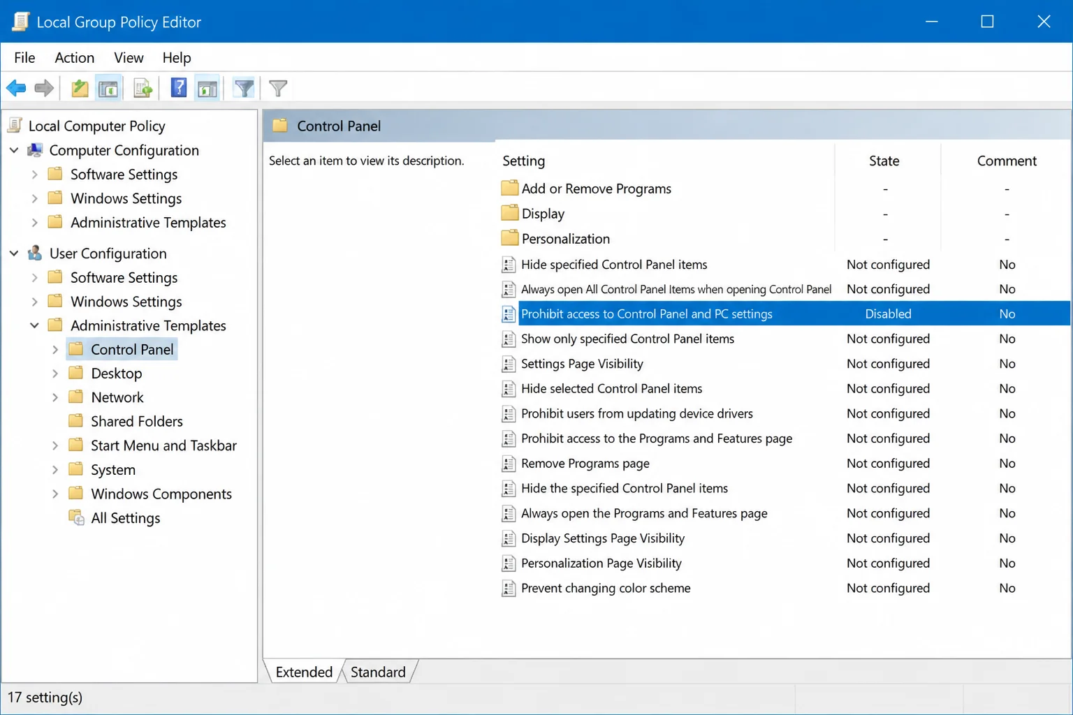 Local Group Policy Editor showing User Configuration > Administrative Templates > Control Panel with Prohibit access to Control Panel and PC settings set to Disabled