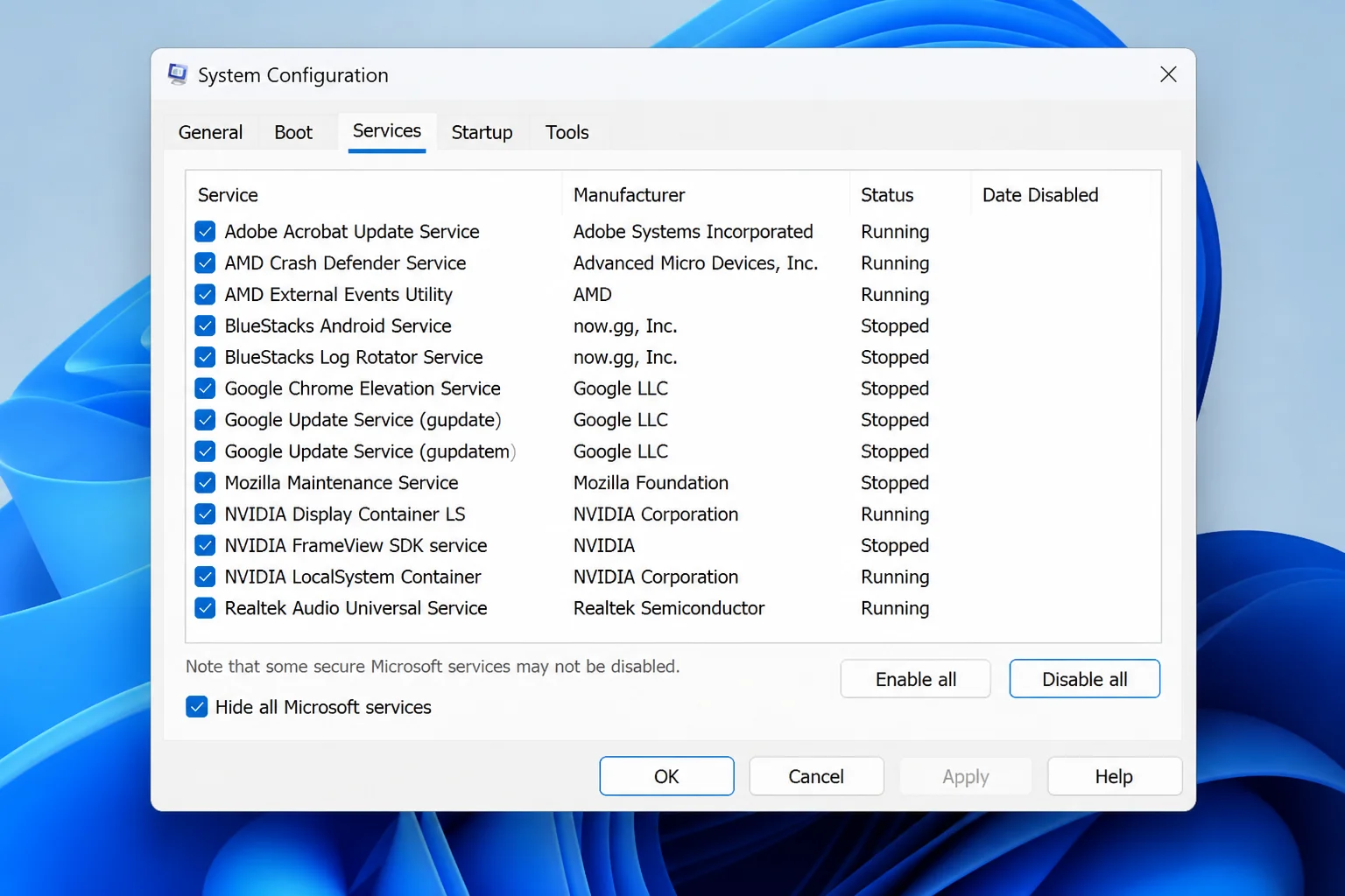 System Configuration Services tab with Hide all Microsoft services selected and the Disable all button visible