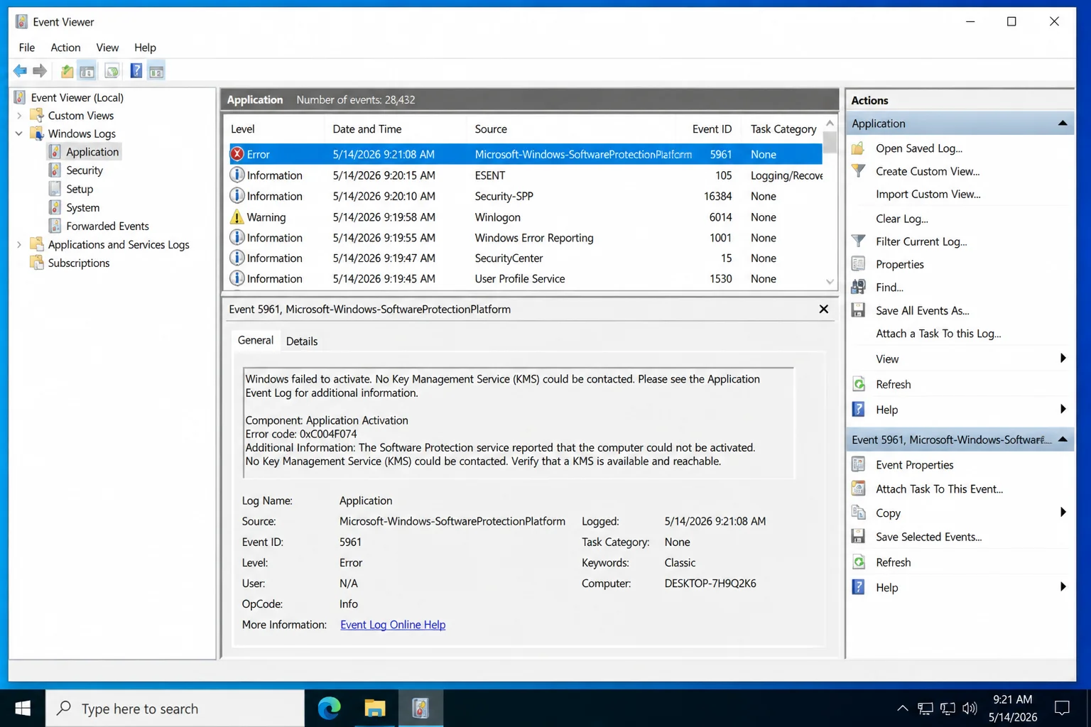 Event Viewer showing an app activation error with Event ID 5961 selected and the full General details pane visible