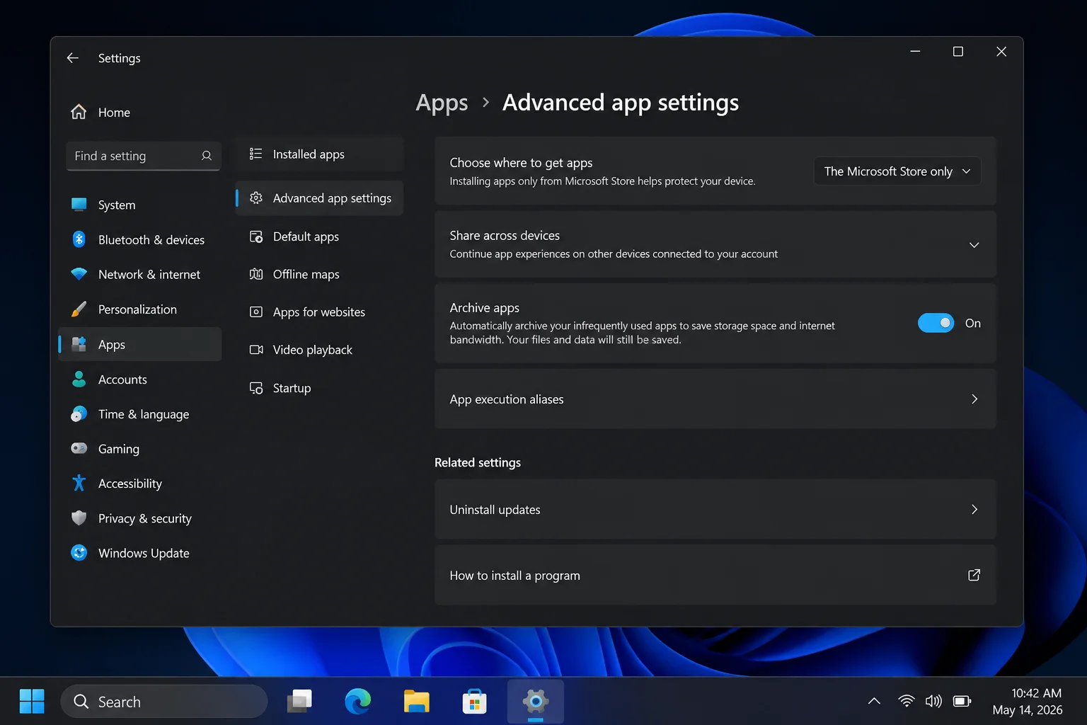 Windows 11 Settings > Apps > Installed apps with the affected app menu open and Advanced options highlighted