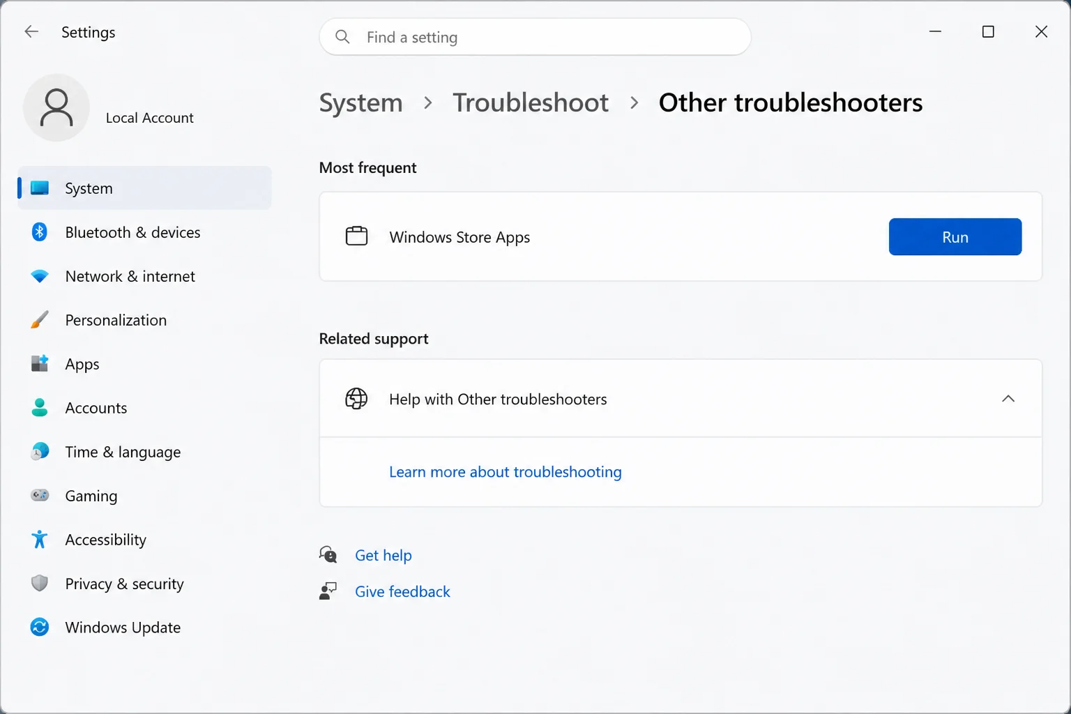 Windows 11 Settings > System > Troubleshoot > Other troubleshooters with Windows Store Apps and its Run button visible