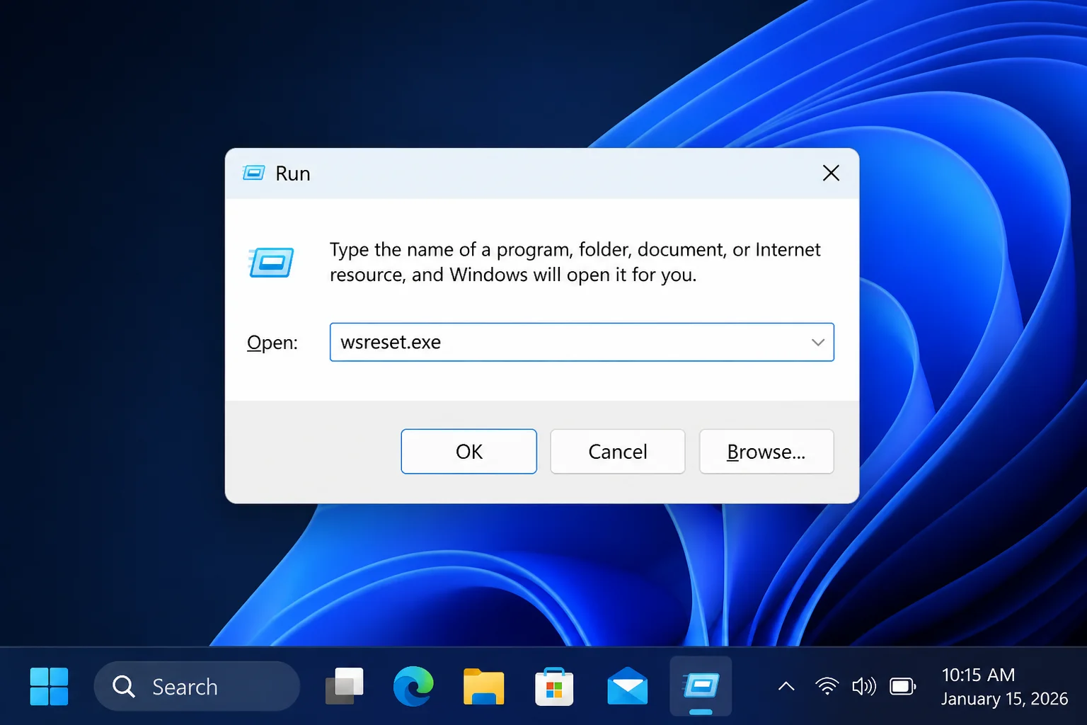 Windows Run dialog with wsreset.exe entered in the Open field
