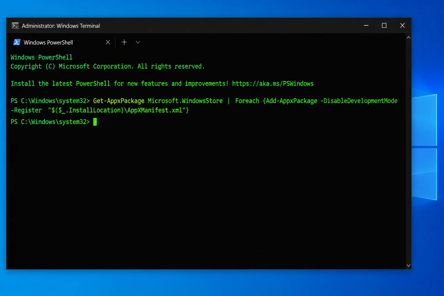 Windows Terminal running as administrator after the Microsoft Store re-registration command has completed