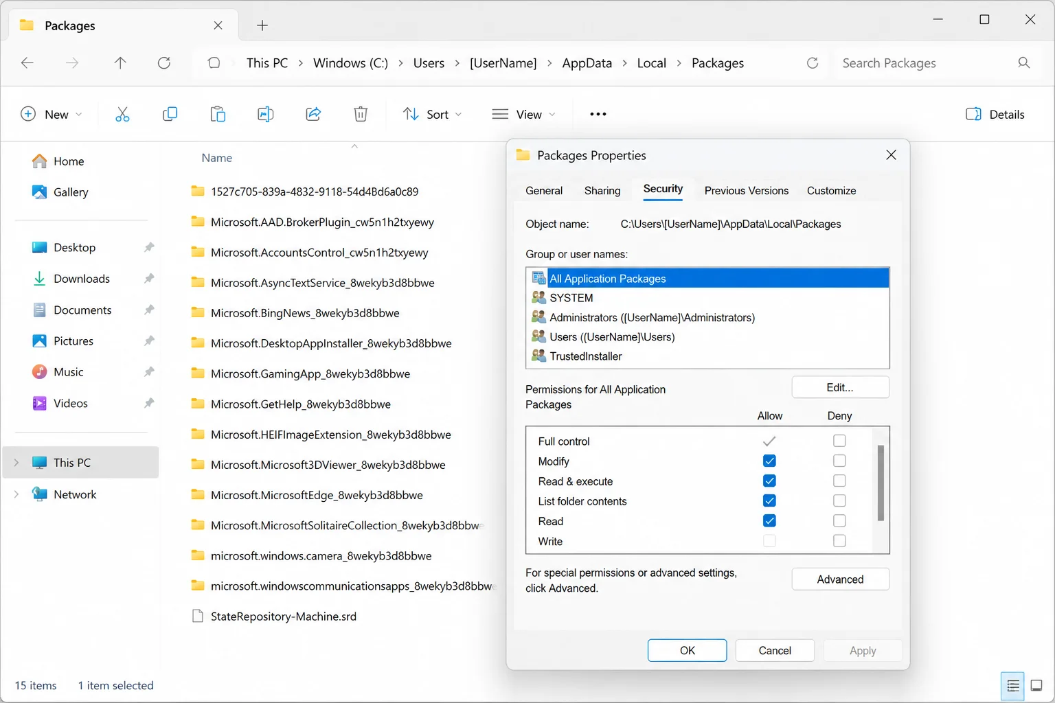 File Explorer showing the Properties dialog for AppData\Local\Packages with the Security tab selected and All Application Packages highlighted
