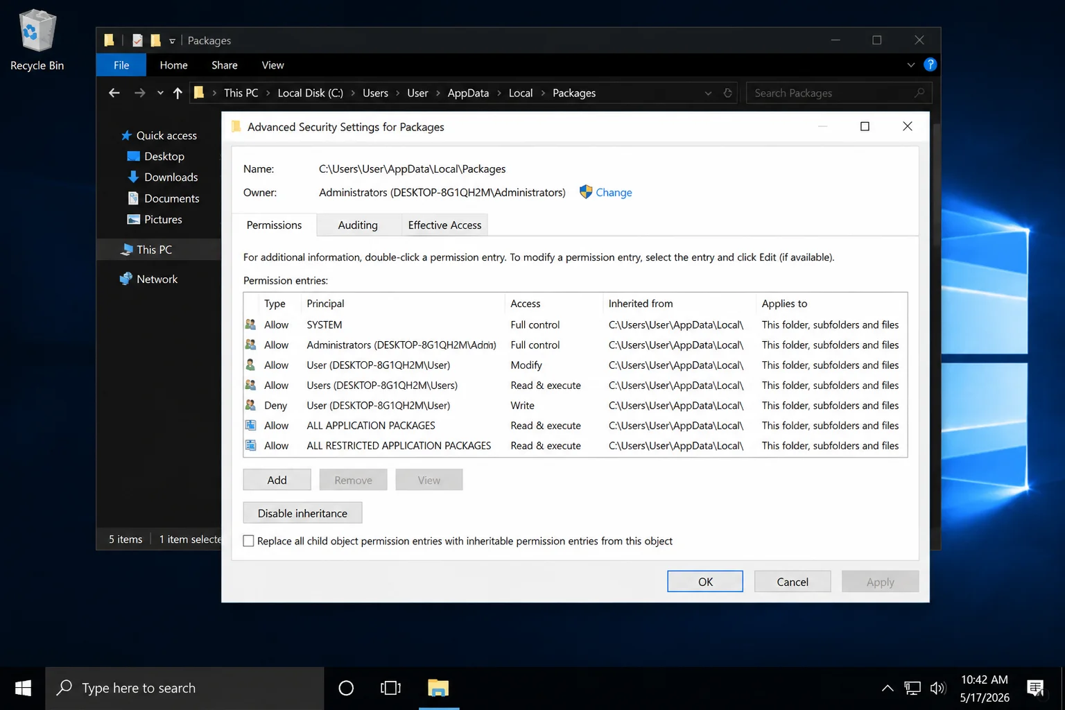 Advanced Security Settings for the AppData\Local\Packages folder with the permissions list visible