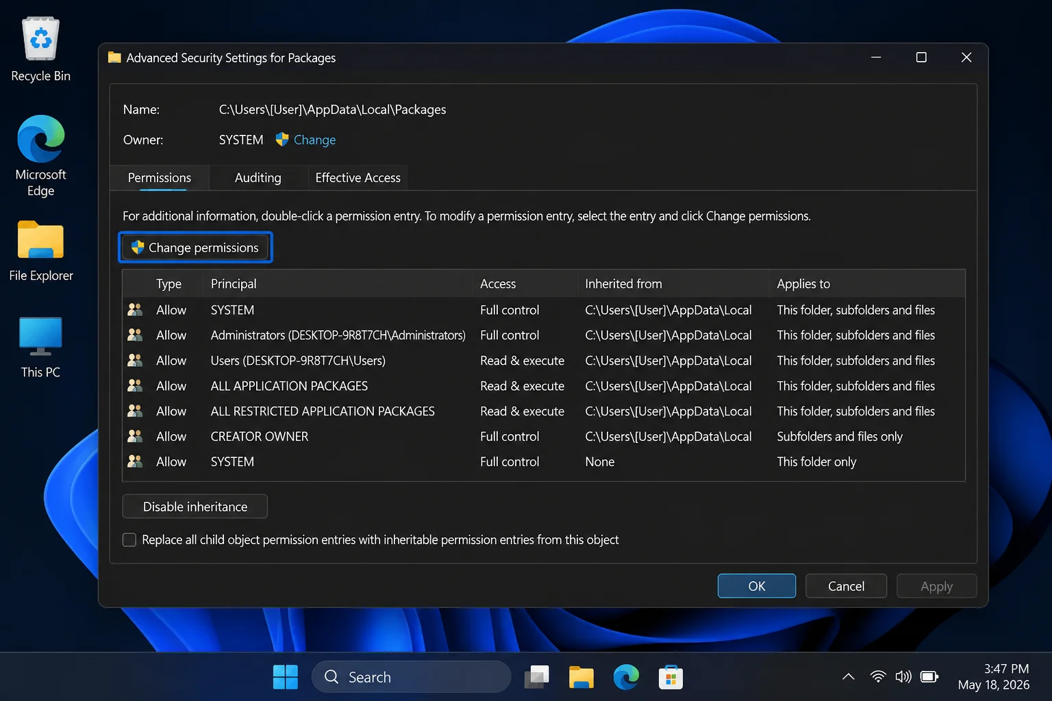 Advanced Security Settings for AppData\Local\Packages with the Change permissions button highlighted
