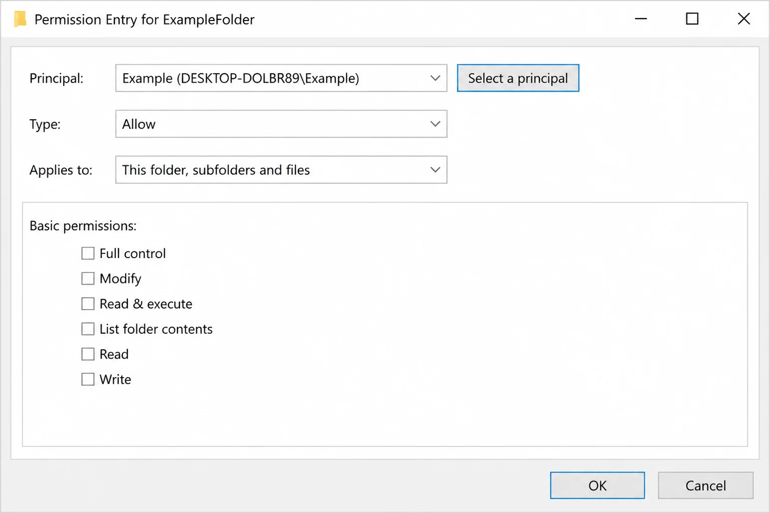 Permission Entry dialog for the Packages folder with Add and Select a principal controls visible