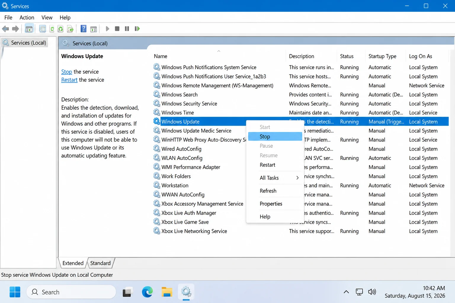 Services window with Windows Update selected and the Stop or Start service action visible