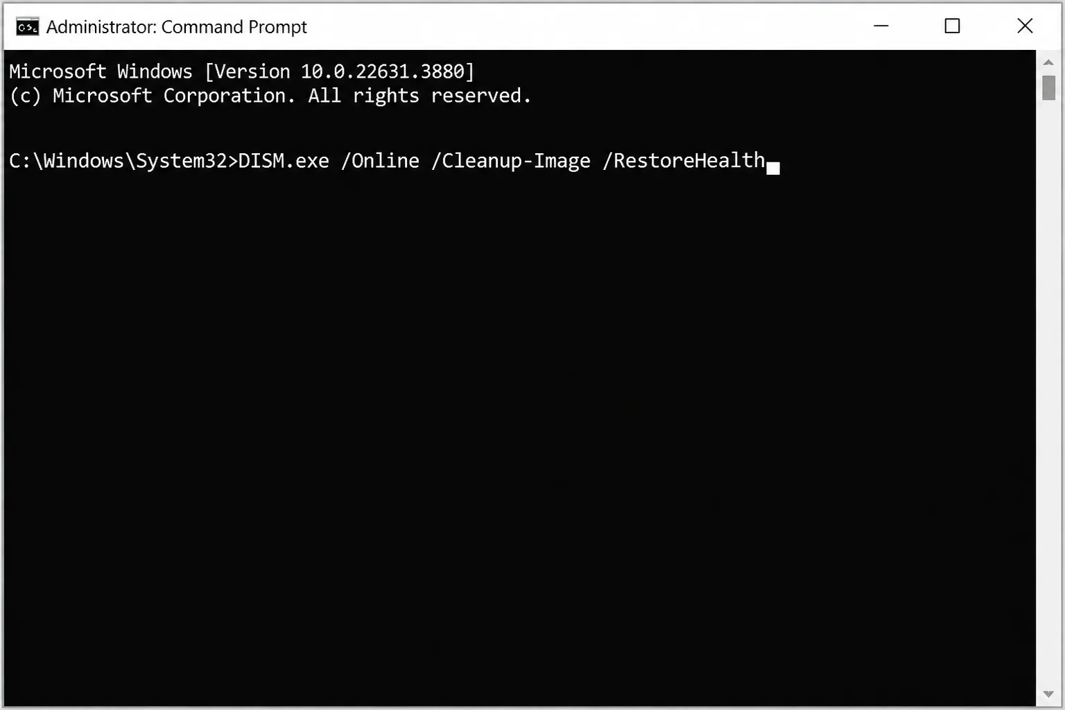 Administrator Command Prompt showing the complete DISM.exe /Online /Cleanup-Image /RestoreHealth command