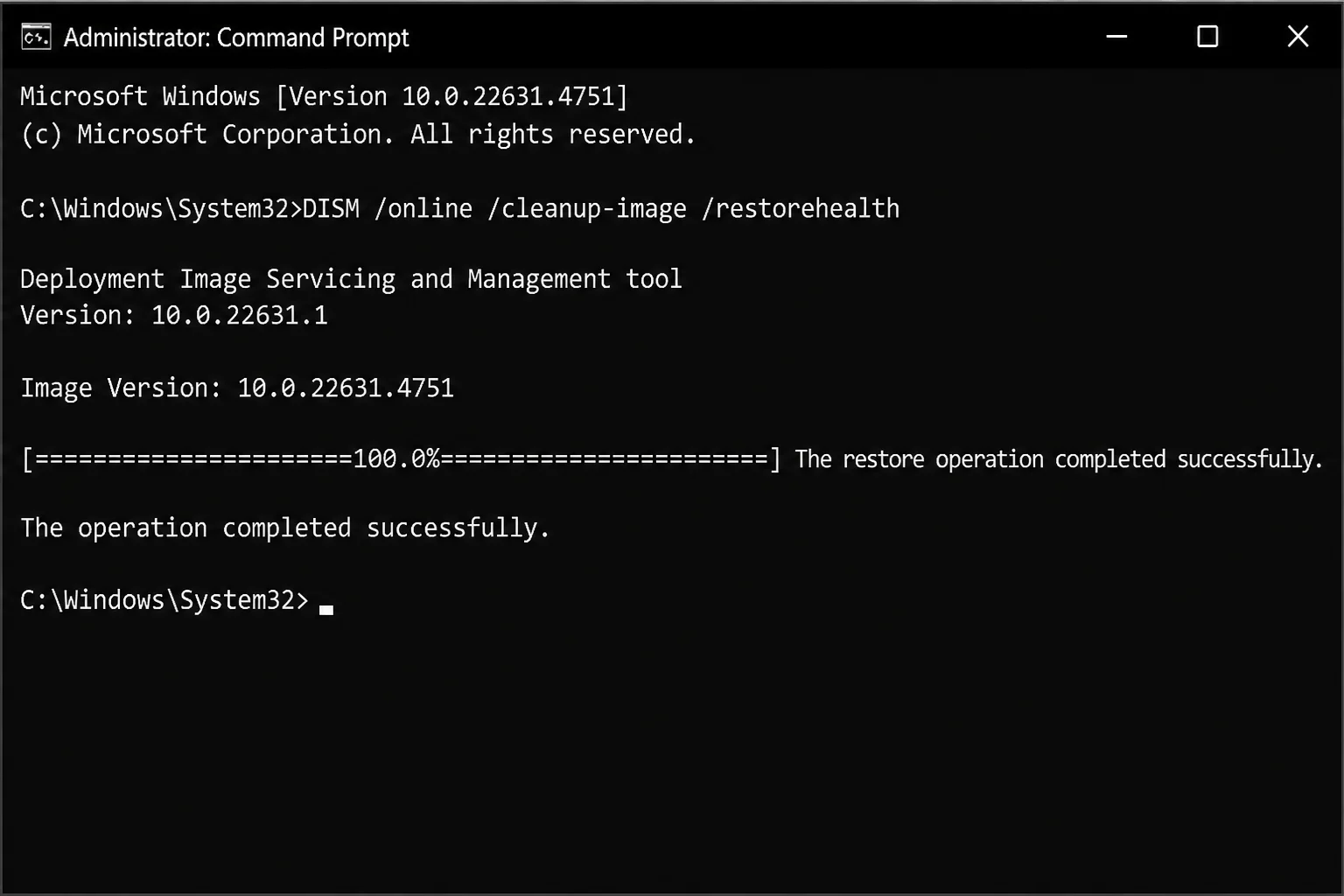 Administrator Command Prompt showing completed DISM output followed by sfc /scannow