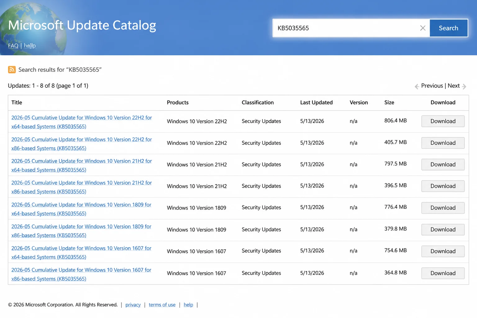 Public Microsoft Update Catalog search results showing the KB search box, Windows version in package titles, x64 or arm64 architecture labels, and Download controls