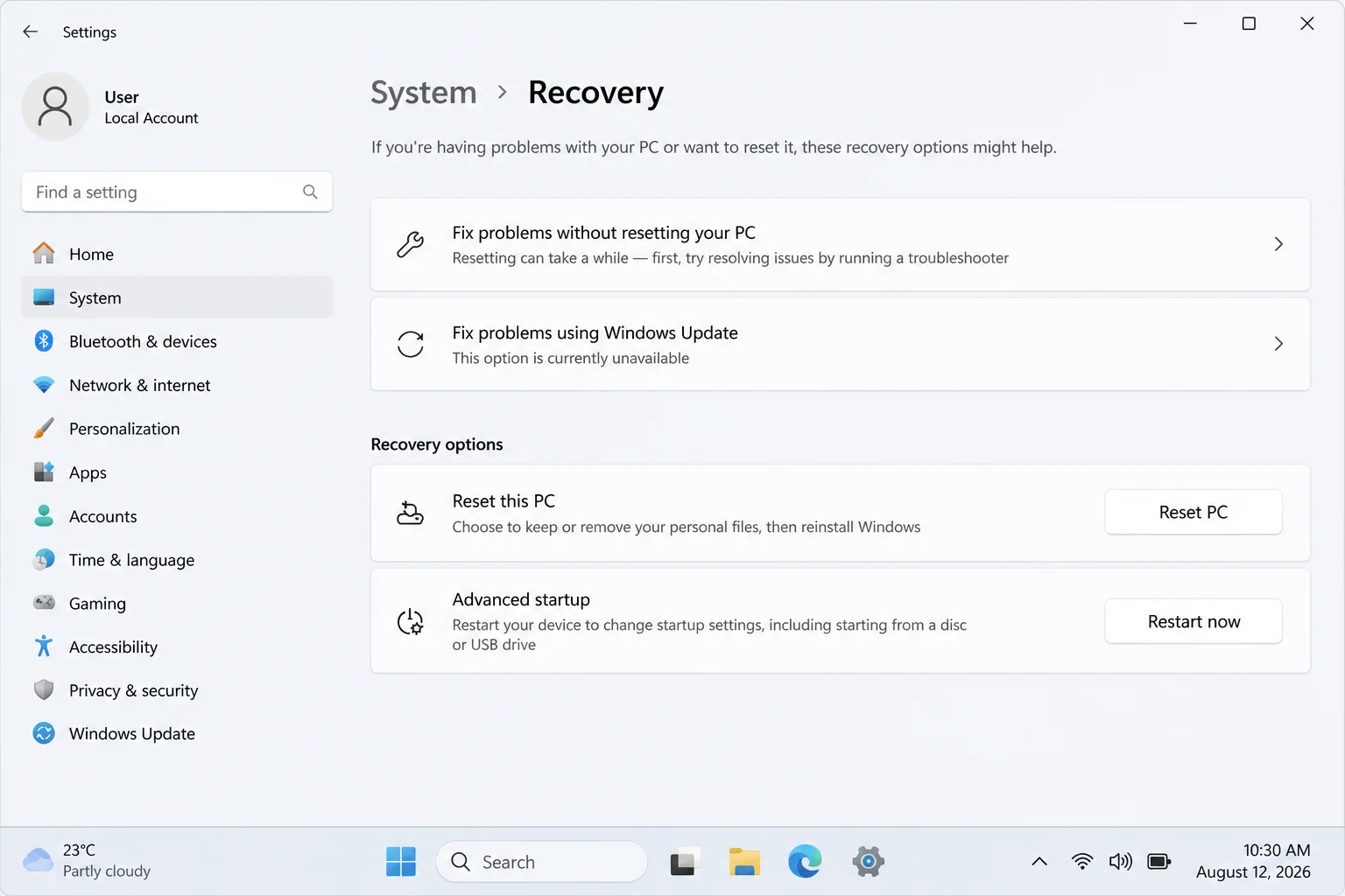 Windows 11 Recovery page containing Fix problems using Windows Update, with a note that availability varies by Windows version and system state