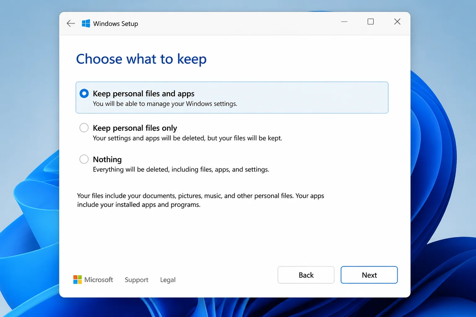 Windows Setup confirmation screen with Keep personal files and apps and Change what to keep highlighted
