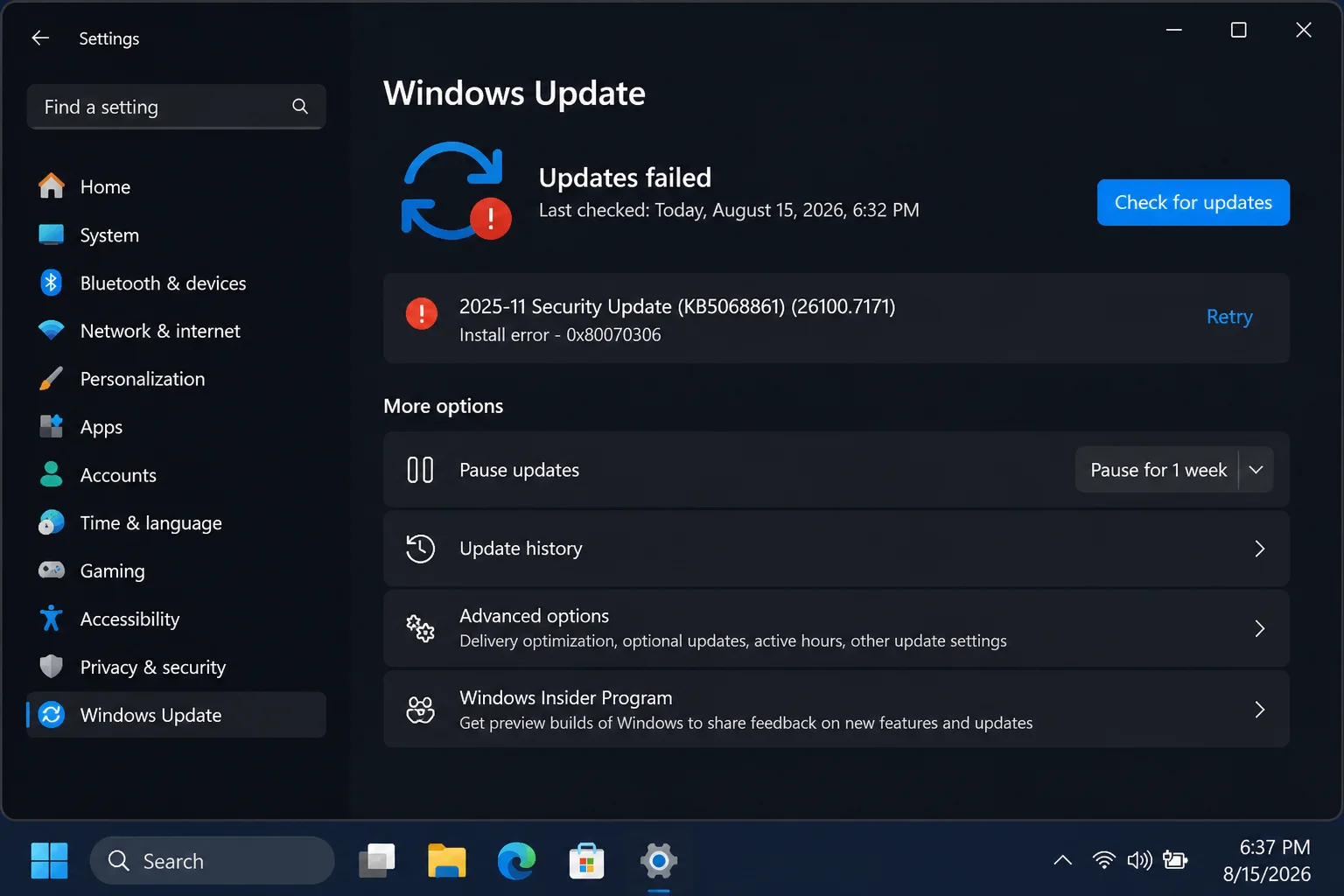 Windows 11 Windows Update page showing update status, Check for updates, and the area where a failed update and its KB number appear