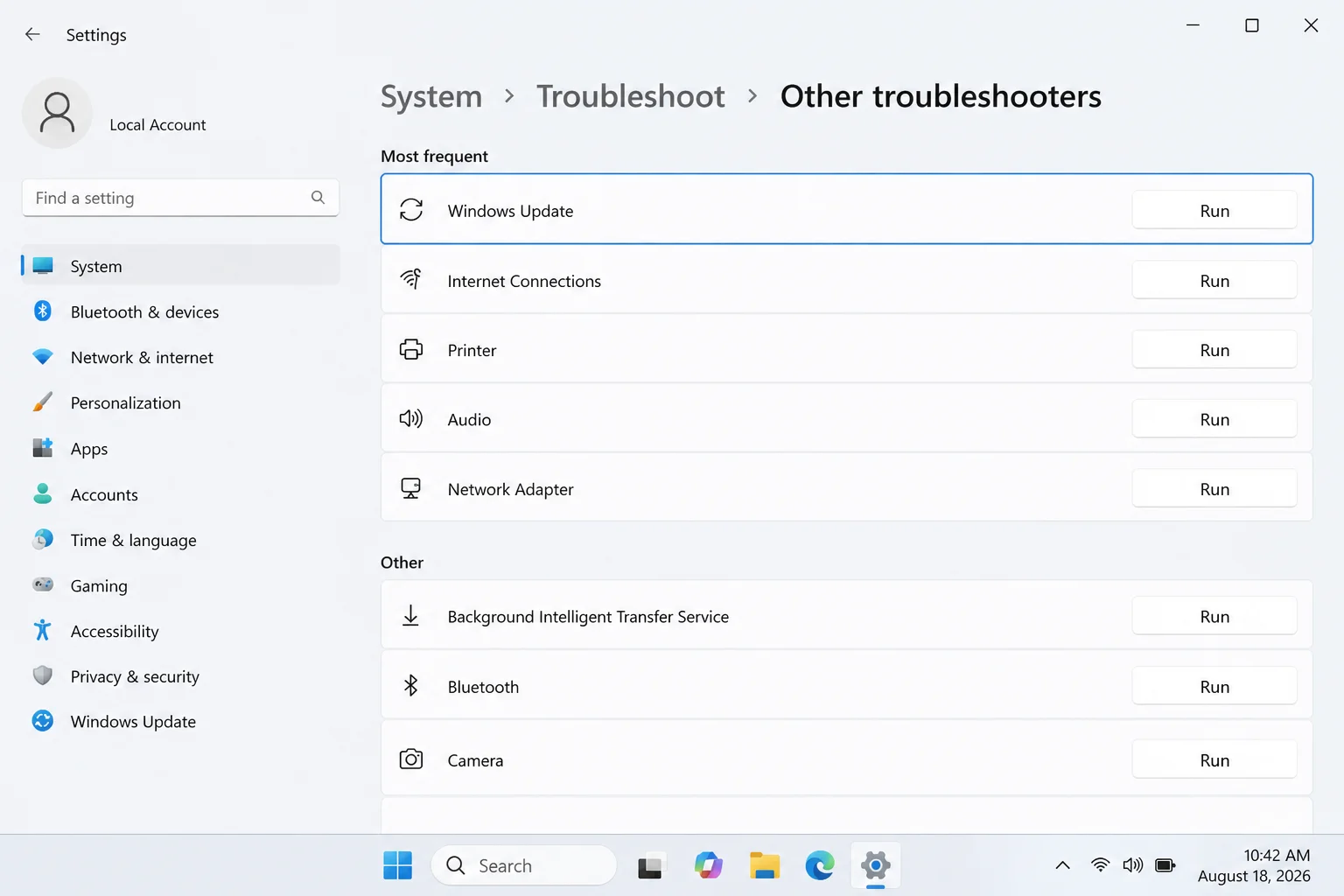Windows 11 Other troubleshooters page with Windows Update and its Run button highlighted