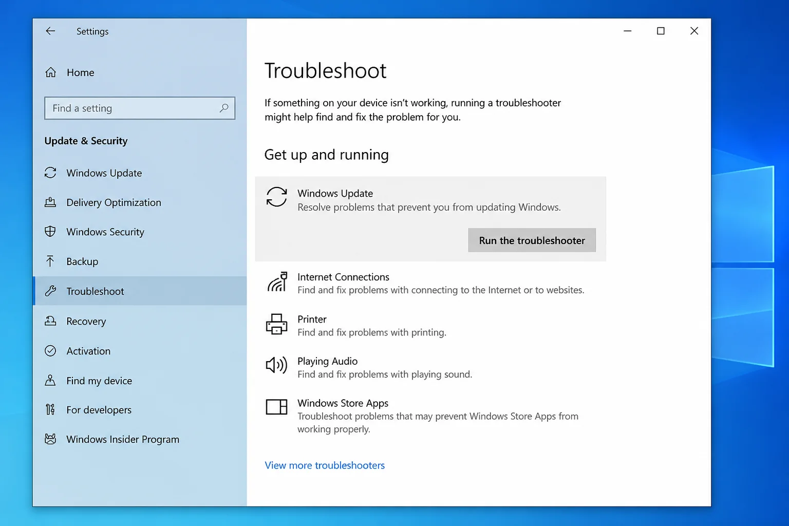 Windows 10 Additional troubleshooters page with Windows Update selected and Run the troubleshooter highlighted