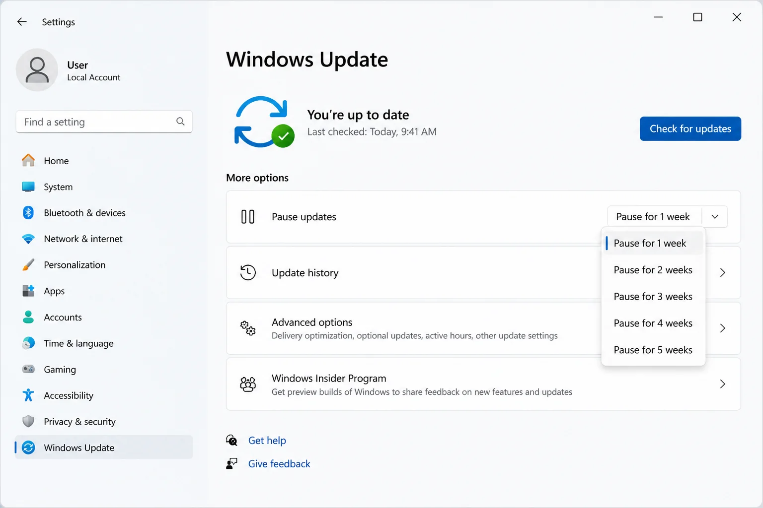 Windows 11 Windows Update page showing the Pause updates controls without assuming whether updates are currently paused