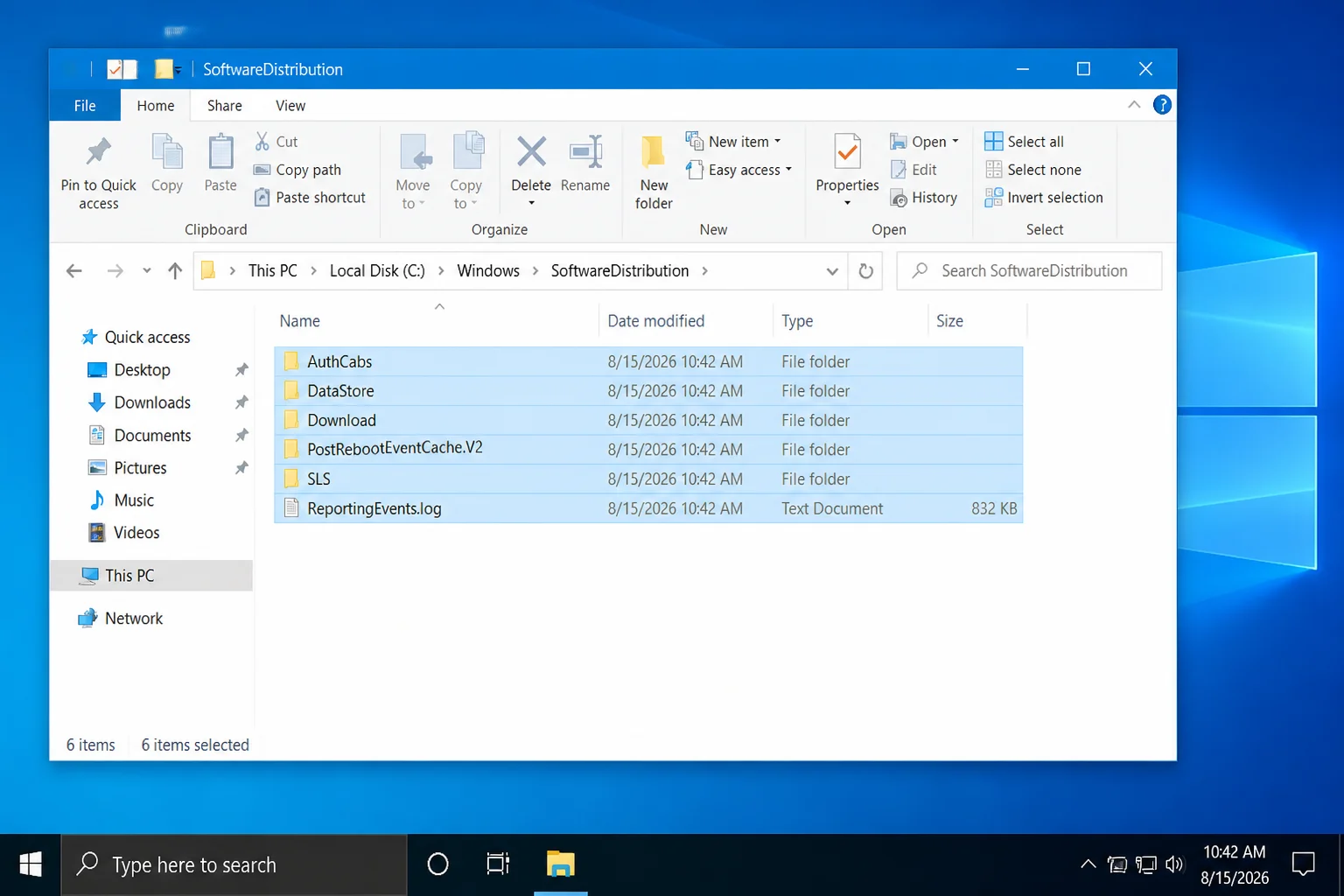 File Explorer showing the C:\Windows\SoftwareDistribution path and the cache contents selected, without selecting the parent Windows folder