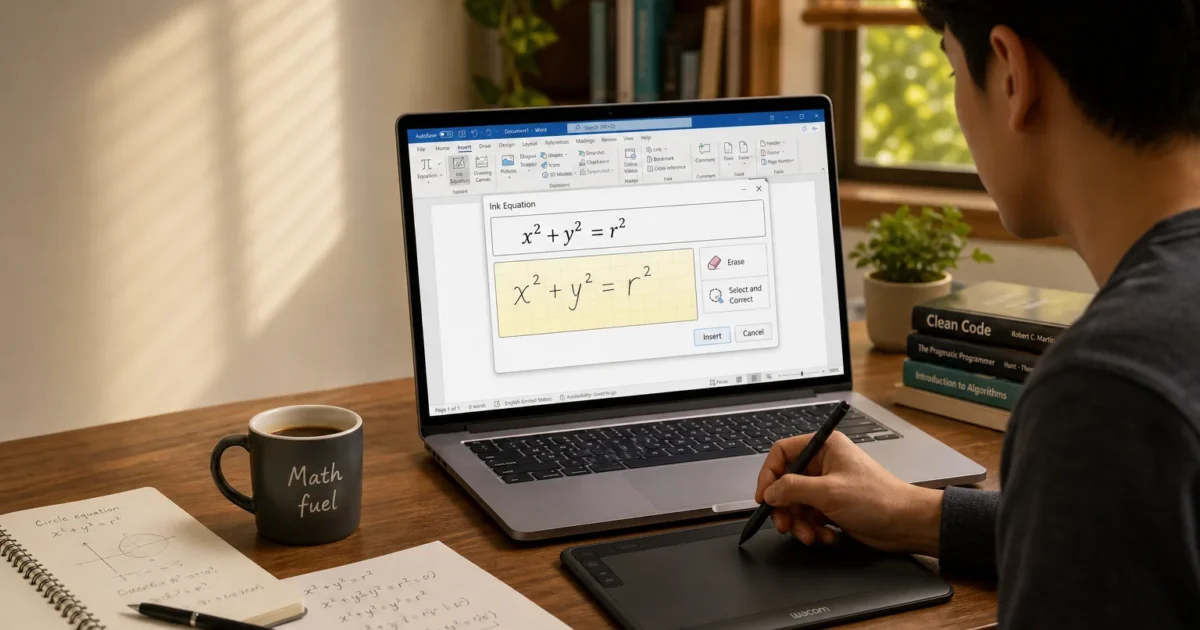 Person using a laptop; on screen is Ink Equation editor showing x^2 + y^2 = r^2.