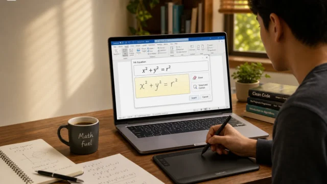 Person using a laptop; on screen is Ink Equation editor showing x^2 + y^2 = r^2.
