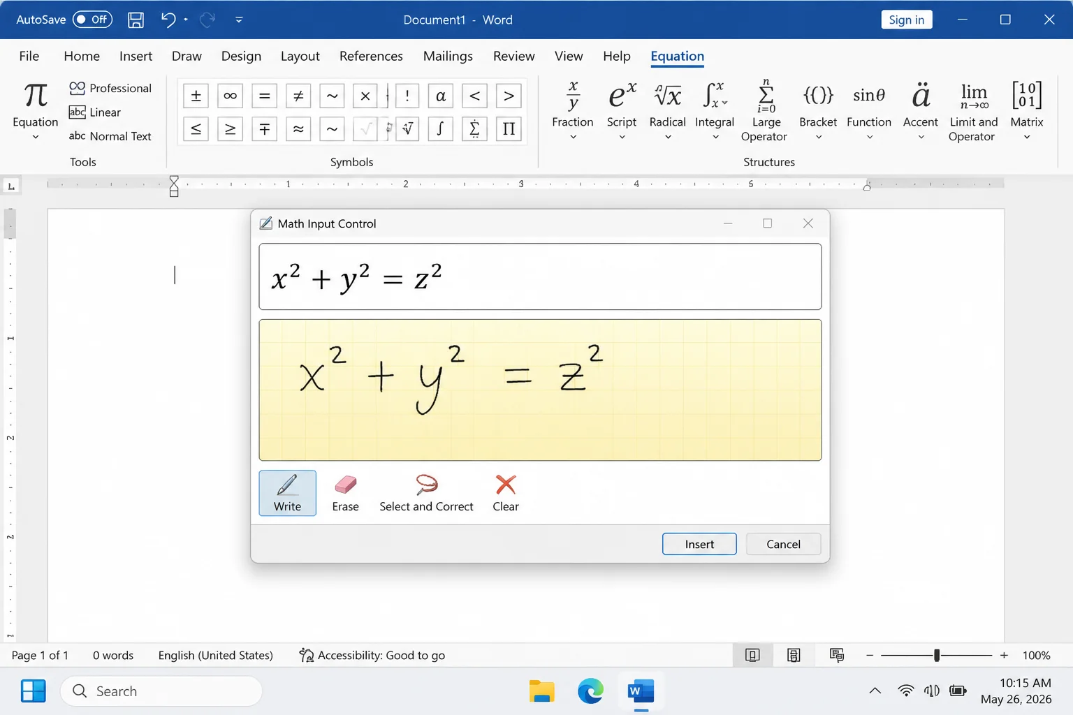Word Ink Equation window showing its handwriting area and equation preview