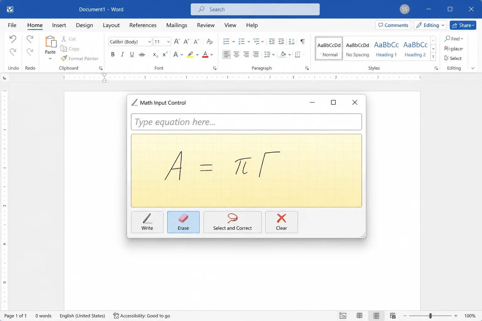Ink Equation correction tools with Erase and Select and Correct visible