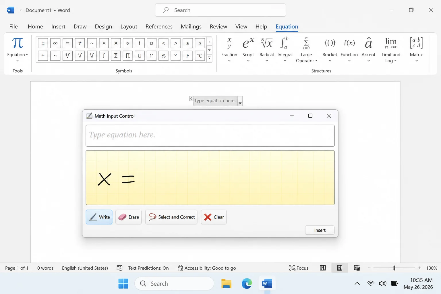 Ink Equation preview temporarily showing a handwritten x equals expression recognized incorrectly