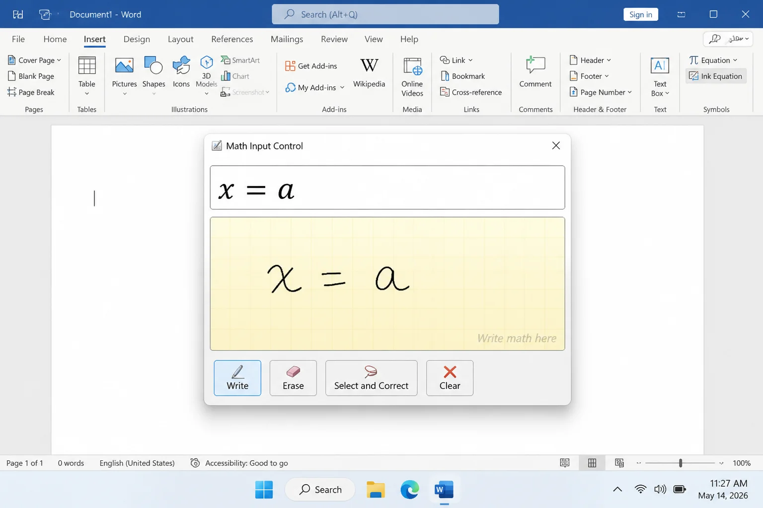 Ink Equation preview correctly recognizing the completed handwritten expression x equals a