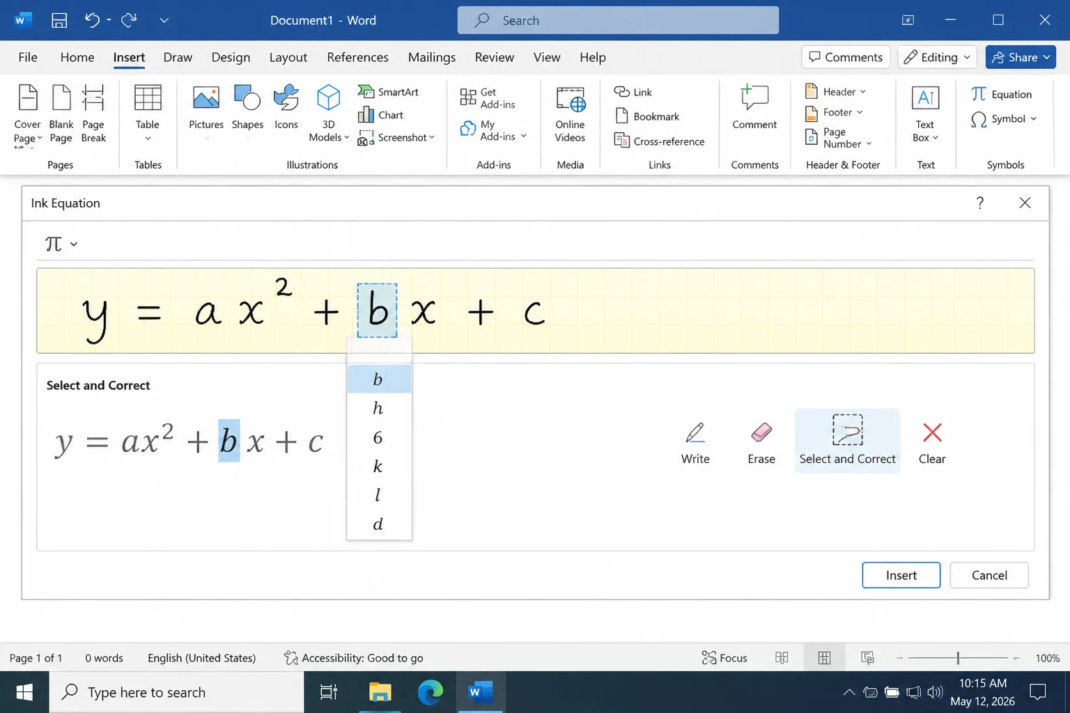 Ink Equation Select and Correct menu showing replacement choices for a misrecognized letter
