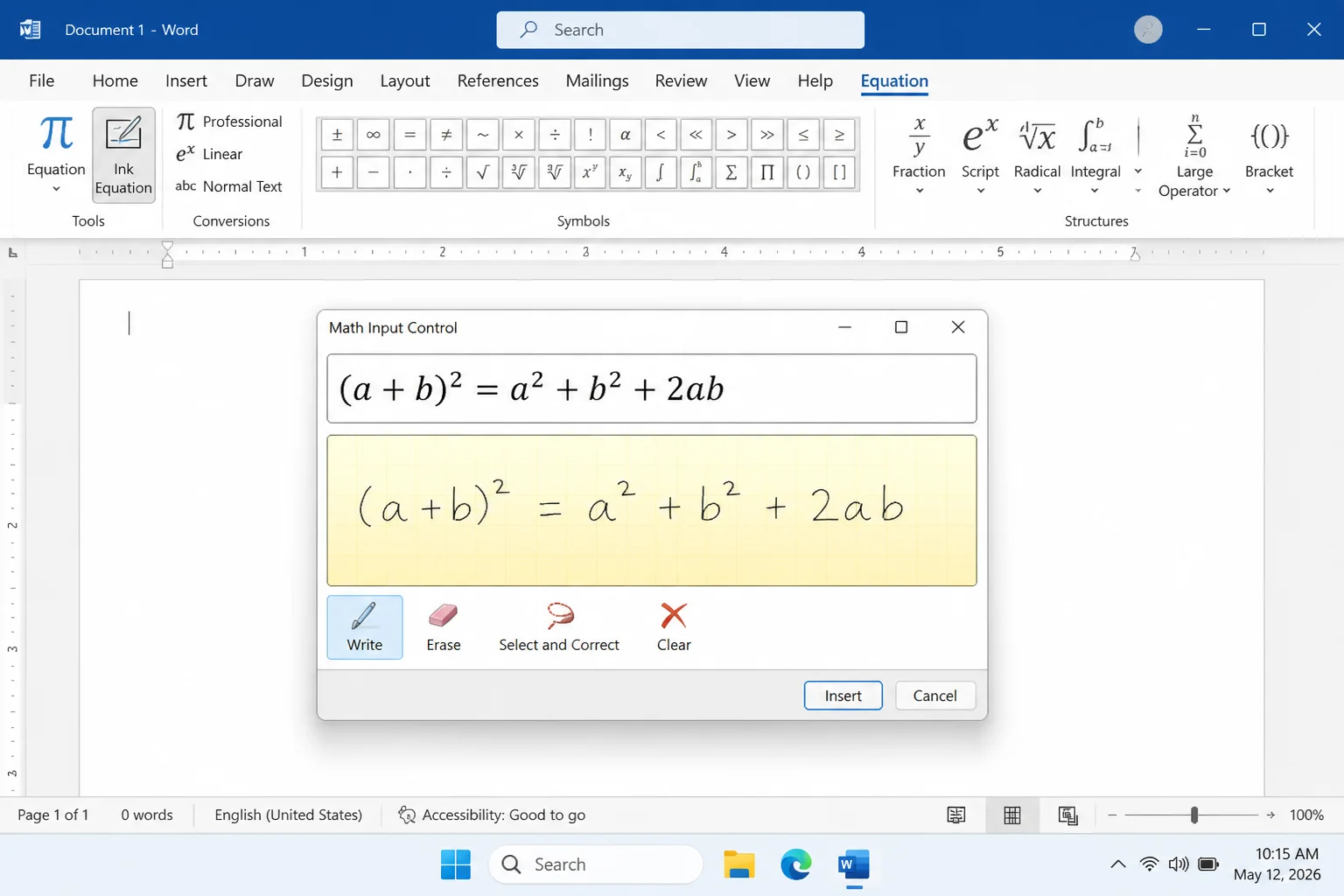 Word document containing the formatted equation inserted through Ink Equation