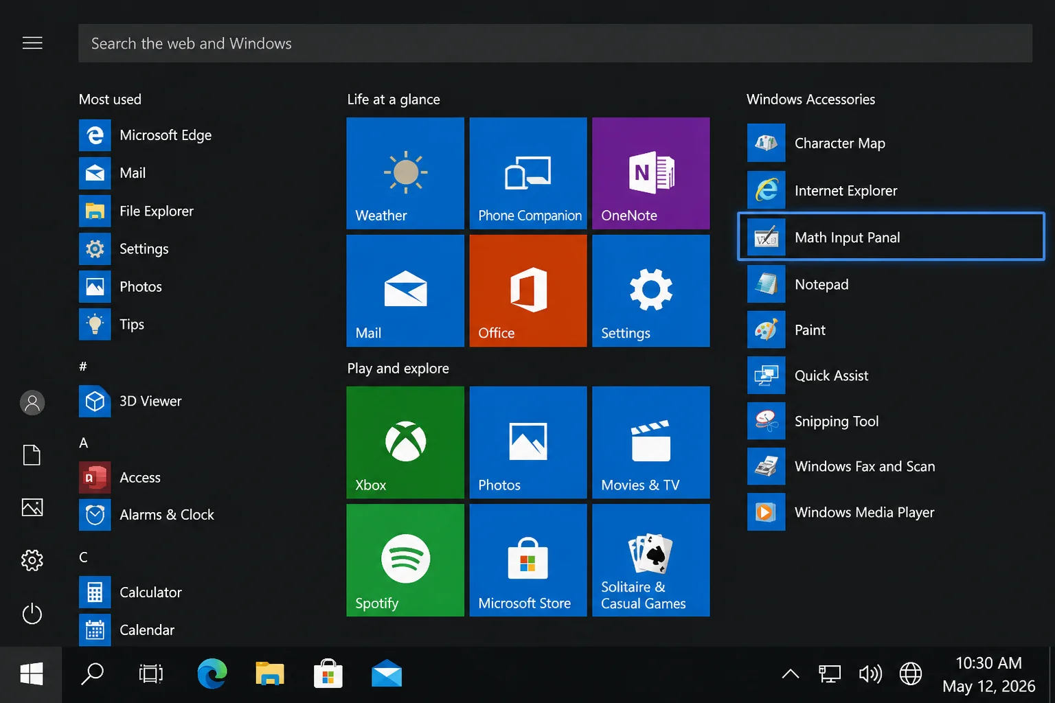 Windows 10 Start search results with Math Input Panel highlighted