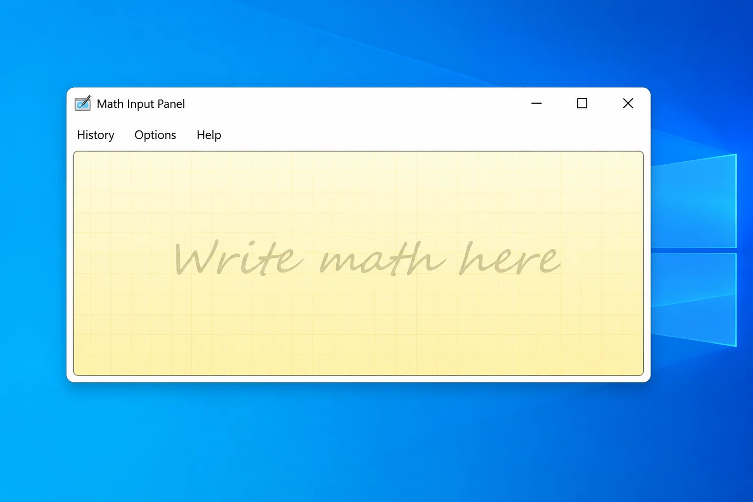 Windows 10 Math Input Panel open with the Write math here area and preview visible