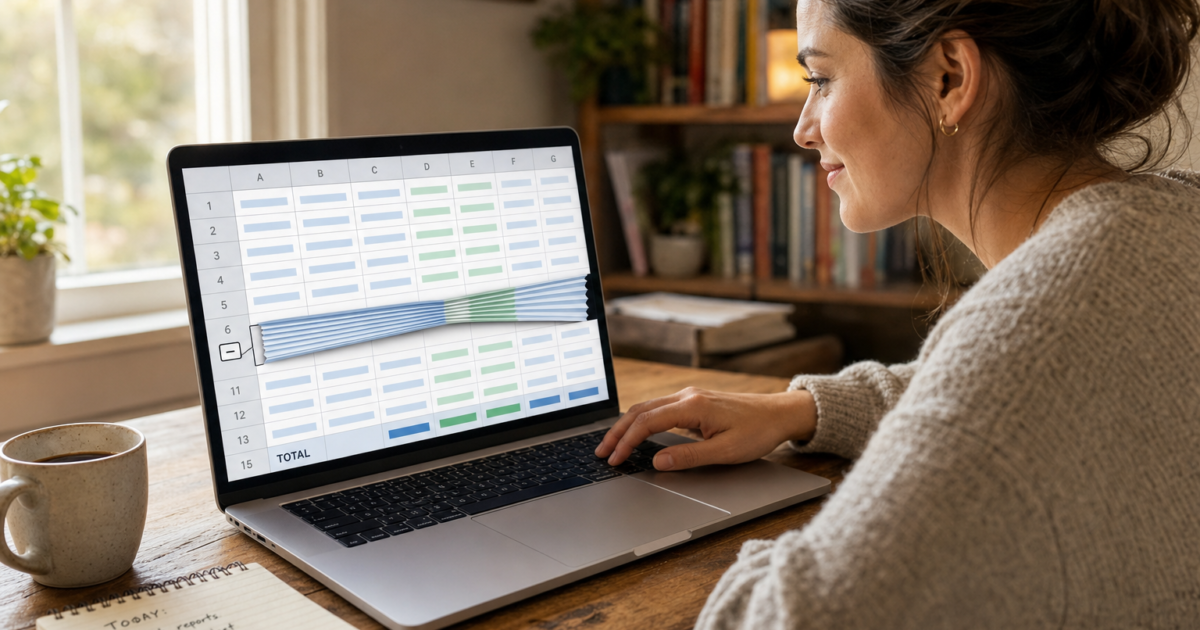 Woman at a wooden desk views a color-coded spreadsheet on a laptop, with a mug and notebook nearby in a cozy home office.