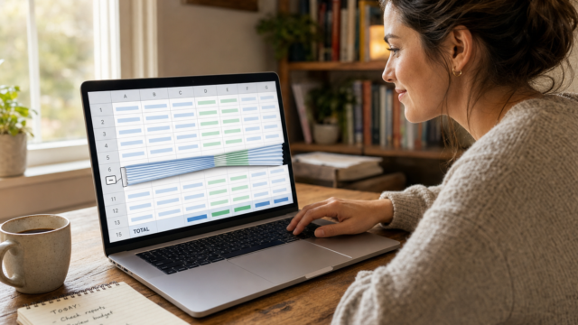 Woman at a wooden desk views a color-coded spreadsheet on a laptop, with a mug and notebook nearby in a cozy home office.