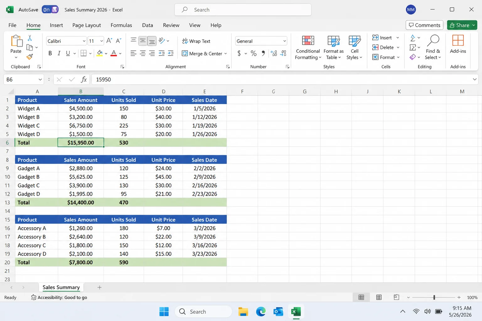 An Excel worksheet in Microsoft 365 showing three sets of data rows with summary/total cells at B6, B13, and B20