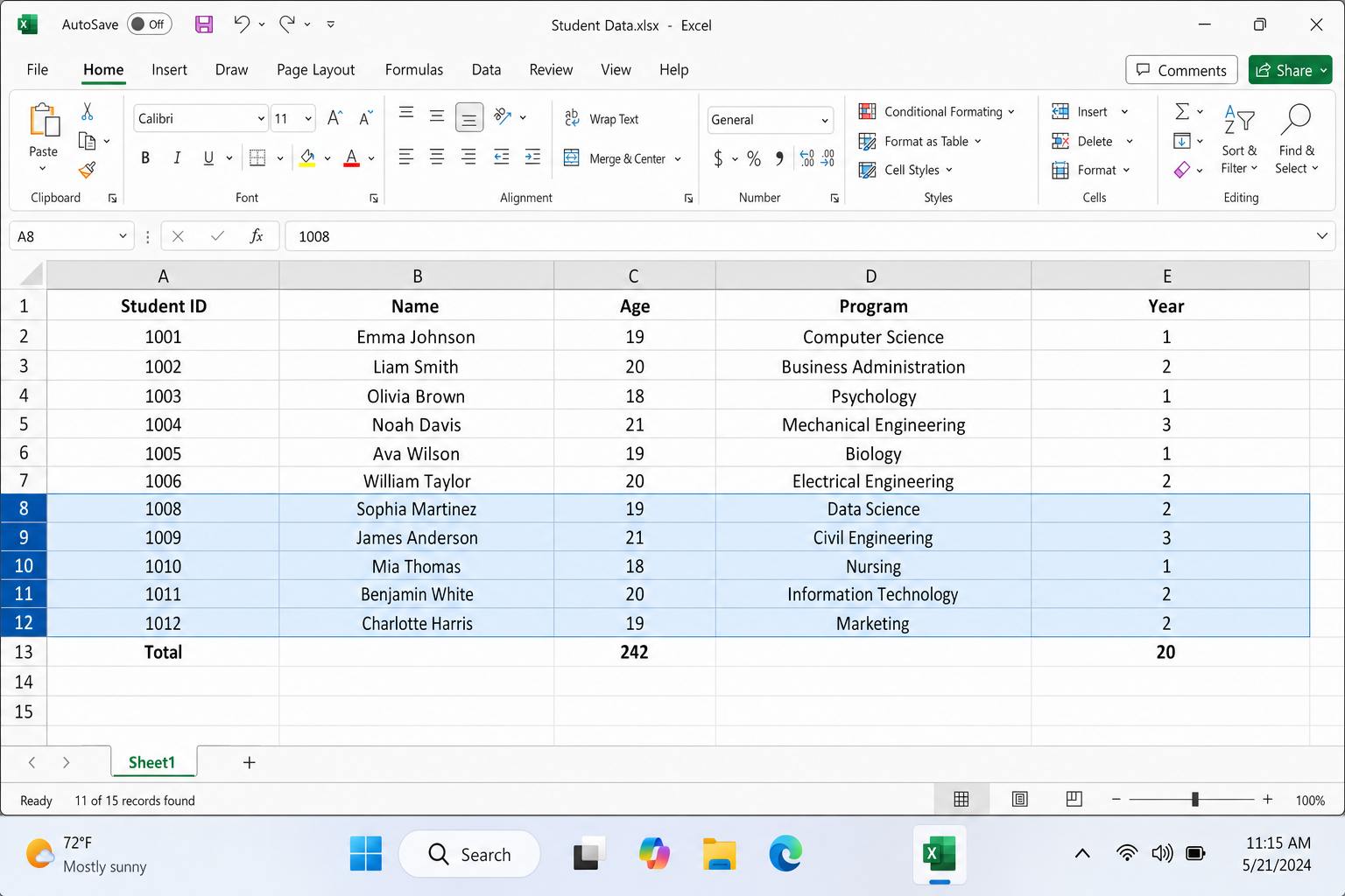 Excel worksheet with row numbers 8 through 12 selected (highlighted in blue), summary row 13 not selected