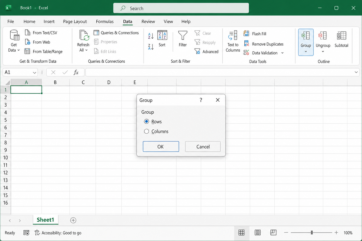 Excel Data tab with the Outline group visible, Group button highlighted, and the Rows/Columns dialog open with Rows selected
