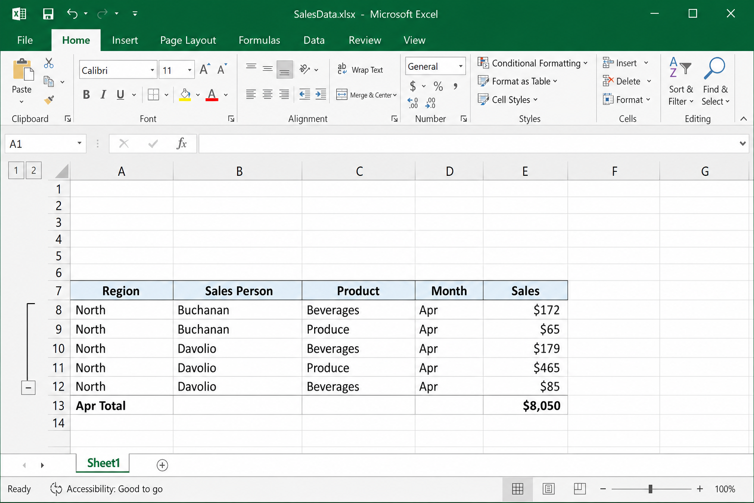 Excel worksheet showing rows 8–12 with an outline bracket and minus button in the left margin, summary row 13 visible below