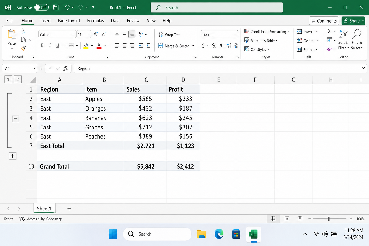 Excel worksheet with rows 8–12 collapsed, row numbers jumping from 7 to 13, and a plus button visible in the left margin