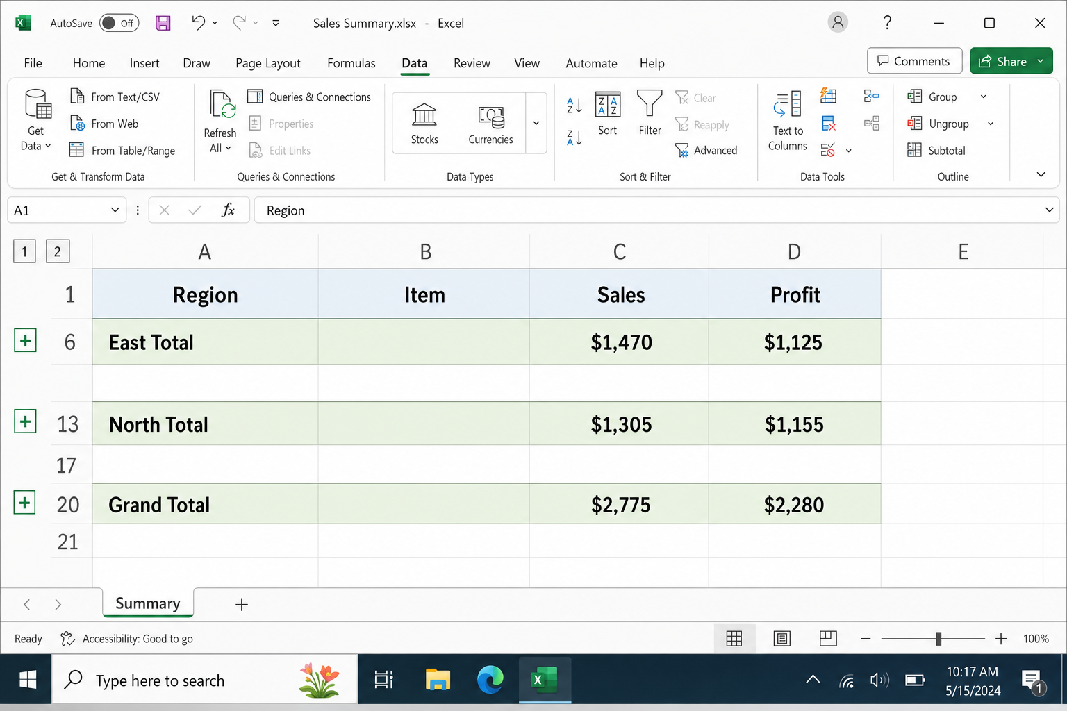 Excel worksheet with three collapsed row groups, three plus buttons in the left margin, and only summary rows B6, B13, and B20 visible