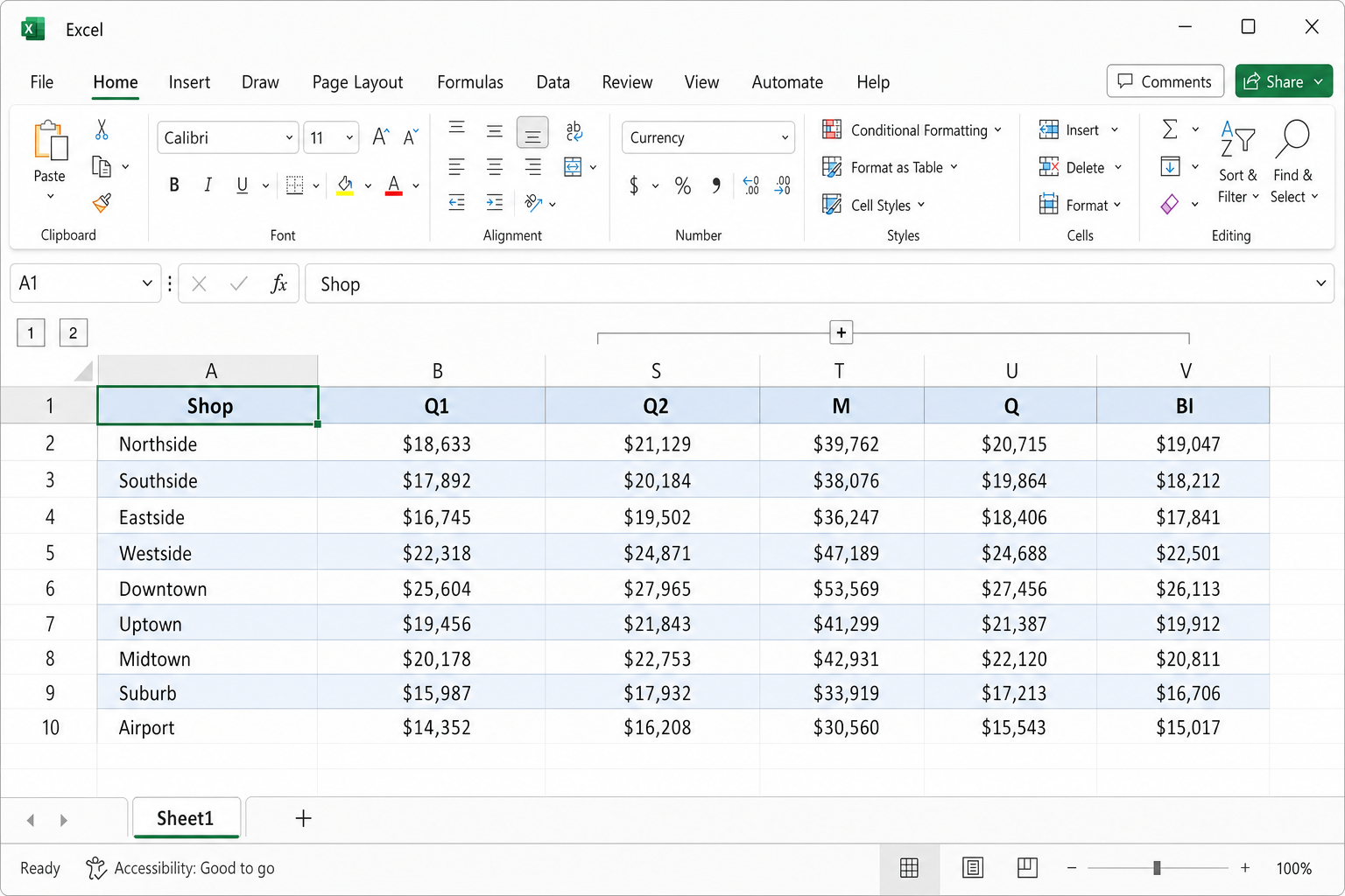 Excel worksheet with a group of columns collapsed, showing a plus button above the column headers and column letters skipping the hidden range